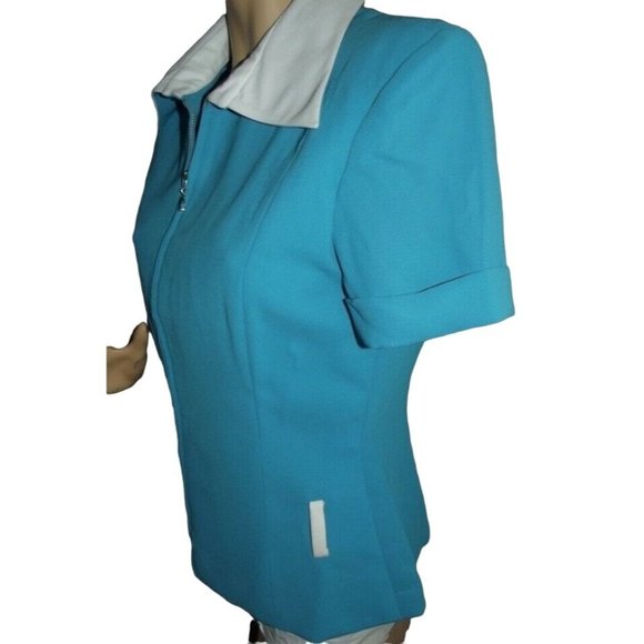 Gauss XS Turquoise Blue White Short Sleeve Zip Front Shacket jacket shirt blazer - Picture 2 of 9